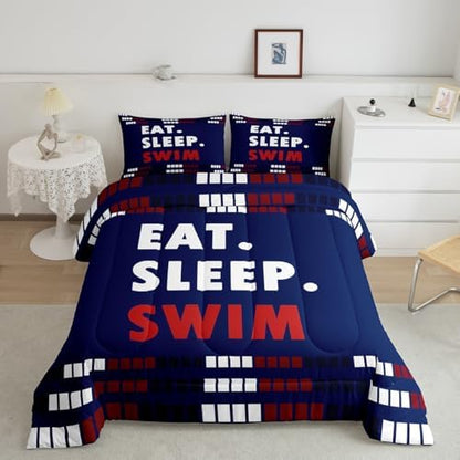 Homewish Swim Lover Comforter Set Twin Size,Kids Swimming Bedding Sets 2Pcs for Teens Boys Men Adult Room Decor,Swimming Sports Quilted Duvet Chic Navy Blue Red Lines Down Comforter,1 Pillowcase