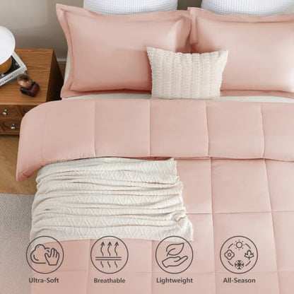 CozyLux King Size Comforter Set, 3-Piece Box-Stitched, Blush Pink