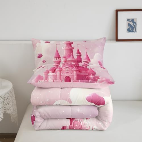 Homewish Teens Dream Castle Comforter Set Queen Size,Princess Style Bedding Set for Kids Boys Girls Bedroom Decoration,Pink Glitter Bed Duvet Insert,Gilry Castle Comforter with 2 Pillowcases
