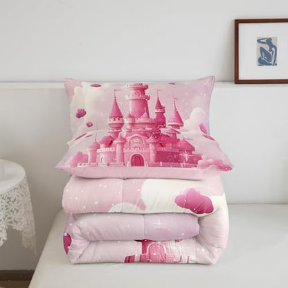 Homewish Teens Dream Castle Comforter Set Queen Size,Princess Style Bedding Set for Kids Boys Girls Bedroom Decoration,Pink Glitter Bed Duvet Insert,Gilry Castle Comforter with 2 Pillowcases
