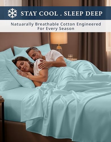 LANE LINEN King Size Sheets Set Sateen Weave - Blue Sky Swiss Dot