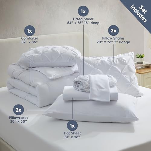 Nestl 9 Piece Full Comforter Set – White Pinch Pleated Bed in a Bag – Complete Full Size Bedding Set with Sheets, Set of 2 Cooling Pillows, Pillowcases and Shams