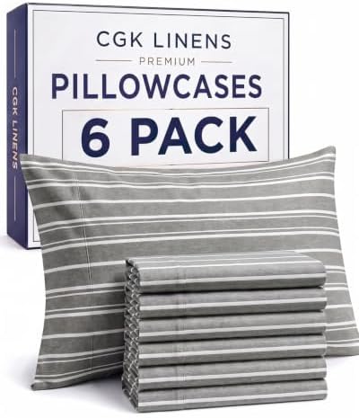 King Standard Pillow Cases Set of 6 - Soft Pillowcase Covers - Grey Stripes