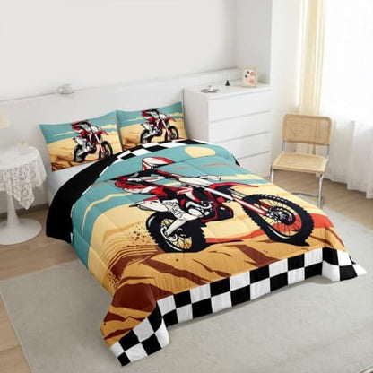 Feelyou Desert Dirt Bike Comforter Set Motocross Rider Bedding Set with 1 Pillow Cases Checkered Flag Twin Off-Road Racing Design Room Decor Outdoor Sports Duvet Quilt Breathable Soft Lightweight