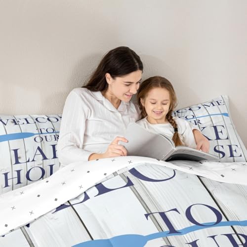 Lake House Comforter Set King Size, Cabin Rustic Farmhouse Style Bedding Set 3pcs, Grey Wooden Plank Lake Themed Down Comforter for All Season, Kids Boys Girls Room Decor, 2 Pillowcases, No Sheets