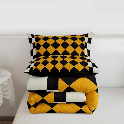 Checkered Geometric Comforter Set Queen Size Beige Yellow Plaid Bedding Set for Kids Boys Girls Checkerboard Modern Aesthetic Duvet Quilt Cute Retro Neutral Bedroom Decor 3 Pcs with 2 Pillow Cases