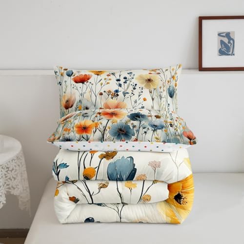 jejeloiu Boho Floral Comforter Set Twin Size Kids Coloful Flower Bedding Set for Boys Girls Teens Botanical Duvet Breathable Blossom Plant Aesthetic Quilt Bedroom Decor,1 Comforter with 1 Pillowcase