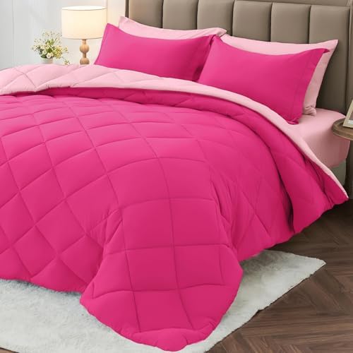 MUXHOMO 7 Pieces Full Comforter Set, Reversible Bed in a Bag Full Size, All Season Bedding Set with Comforter, Flat Sheet, Fitted Sheet, Pillowcases & Shams, Hot Pink & Baby Pink