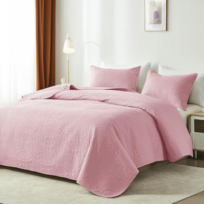 akkialla 118"x106" Pink California King Quilt Set, Oversized Floor-Length Bedspread, Modern Coin Pattern Microfiber Coverlet, 3-Piece All Season Bedding with 2 Pillow Shams