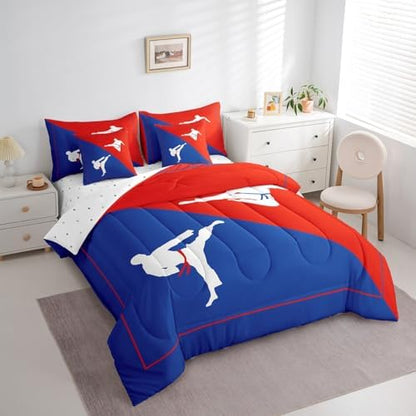 Castle Fairy 7 Pieces Taekwondo Comforter Set for Kids Blue Red Bedding Set Queen Size,Japanese Style Comforter for Boys Girls Adult Kungfu Super Soft Fade Resistant Microfiber Bedding