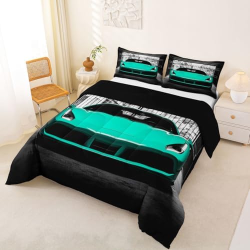 Feelyou Boys Teal Race Car Comforter Set Full Size Teal Luxury Car Bedding Set for Kids Boys Girls Extreme Sports Duvet Quilt Fast and Furious Bedroom Decor 3 Pcs with 2 Pillow Cases