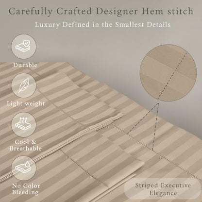 Threadmill 500TC Cotton Twin Sheet Set, Damask Stripe, Light Beige, 3-Piece