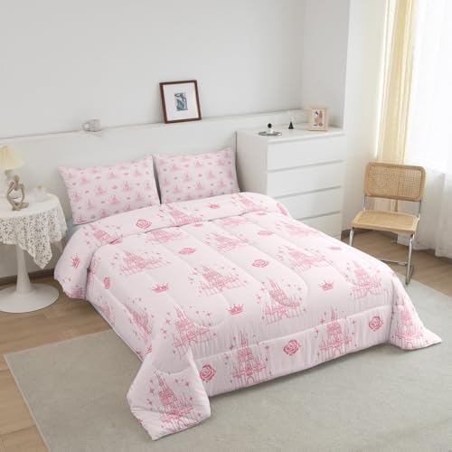 Manfei Dreamy Castle Comforter Set Toddler Size, Pink Floral Crown Print Bedding Set 2pcs, Cute Magical Princess Down Comforter All Season, Kids Girls Room Decor, Soft and Breathable, 1 Pillowcase