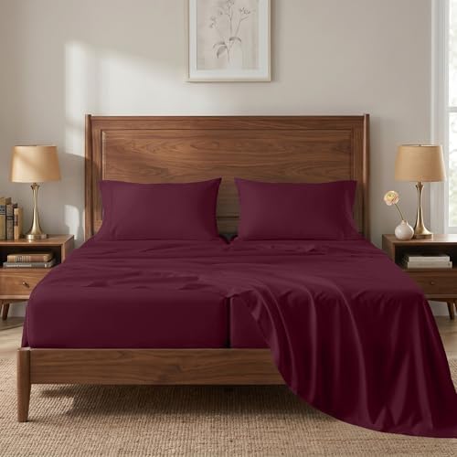 450TC 100% Cotton Split King Sheets - Silky Sateen Weave, Windsor Wine