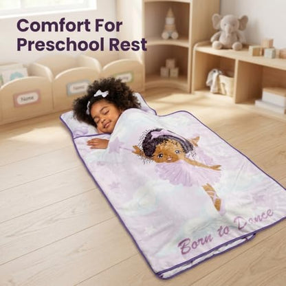 EVERYDAY KIDS Toddler Nap Mat with Removable Pillow - Born to Dance African American Ballerina - Carry Handle with Straps Closure, Rollup Design for Preschool, Daycare, Sleeping Bag - Ages 2-6 Years