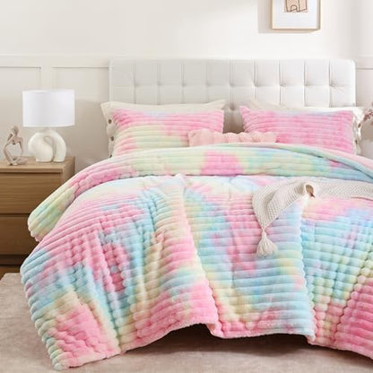 Smoofy Fluffy Full Size Comforter 3 PCS - Rainbow Fleece Bedding Set