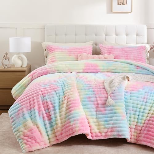 Smoofy Fluffy Twin Size Comforter 2 PCS - Rainbow Fleece Bedding Set