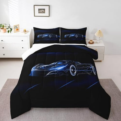 Feelyou Blue Race Car Bedding Set Toddle Size for Kids Boys Extreme Sport Games Duvet Cover Teens Toddler Fast and Furious Comforter Cover Set Cool Modern Bedspread Cover 2Pcs