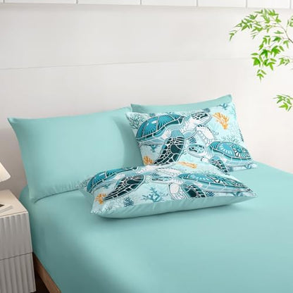 HOSIMA 7Pcs Sea Turtle Comforter Set Ocean Themed Bedding King for Kids.