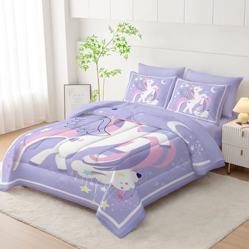 7Pcs Comforter Set Cartoon Purple Unicorn Printed Bedding Set with 1 Comforter,1 Flat Sheet,1 Fitted Sheet and 4 Pillowcases for Boys and Girls Bedroom All Season(Queen)