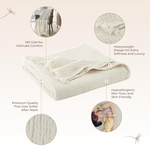 Whisper Organics, 100% Organic Muslin Cotton Throw Blanket – GOTS & Fairtrade Certified Organic – 4 Layers Breathable Lightweight Throw – All Season Pre-Washed Soft Cotton Blanket (Natural, 60x80)
