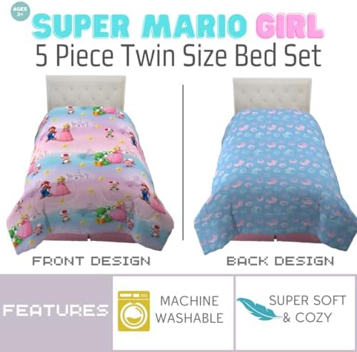 Super Mario Girl Princess Peach Girl Gamer Kids Bedding Super Soft & Cozy Reversible Microfiber Comforter and Sheet Set with Sham, 5 Piece Twin Size, (Officially Licensed Product) By Franco