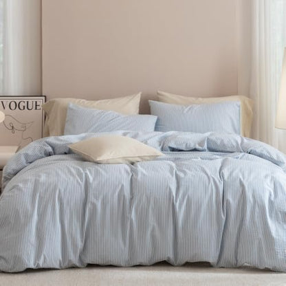 JIYUAN King Washed Cotton Duvet Cover Set, 3-Piece, Linen-Like Pinstripe