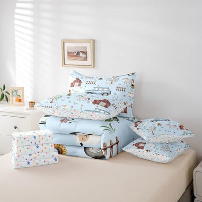 Erosebridal Farm Animal 7 Piece Comforter Set Twin Cartoon Tractor Kids Bed in A Bag for Boys Girls Rustic Barn Door Bedding Farmhouse Horse Sheep Cow Cartoon Animals Sunflower Floral Sheet Set,Blue