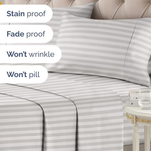 Queen 4 Piece Striped Sheet Set - Soft, Breathable & Cooling - Greyscale