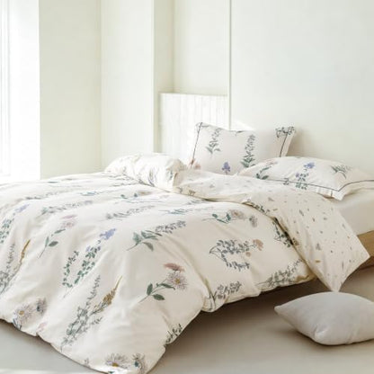Queen Comforter Set 3 Pieces, 100% Cotton Botanical Flower Floral Bedding Set for All-Season, Soft Breathable Comforter with 2 Pillow Shams