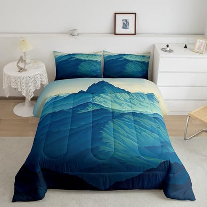 Mountain Comforter Set King Size,Nature Scenery Bedding Set for Kids Boys Girls Room Decor,Japanese Style Abstract Art Modern Duvet Insert 3Pcs,Minimalism Mountain Rustic Quilt Set,2 Pillowcases