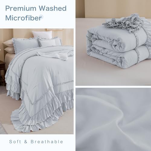 Masaca Oversized King Comforter 128x120,3 Pieces Vintage Farmhouse Ruffled Bedding Comforter Set Lightweight Ultra Soft French Country Bedding (1 Light Blue Ruffle Comforter +2 Pillowcases)