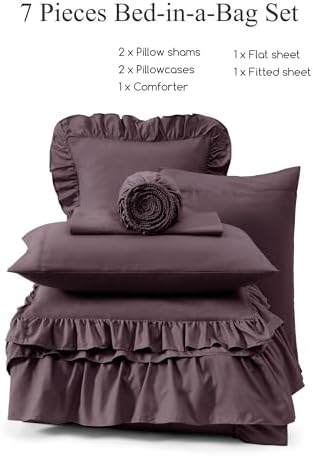 Oversized Queen Comforter Set Dark Purple Ruffle 7 Pieces Bed in a Bag