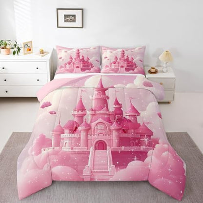 Homewish Dream Castle Full Size Comforter Set,Princess Style Bedding Set for Adults Teens,Children Pink Glitter Comforter Luxury Gilry Castle Quilt Set Room Decor 3Pcs