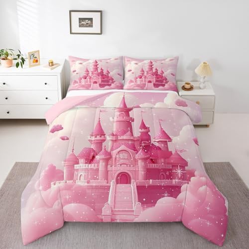 Homewish Dream Castle King Size Comforter Set,Kids Princess Style Decor All Season Bedding Set,Teens Pink Glitter Comforter,Gilry Castle Decor Quilt Set Bedroom Collection 3Pcs