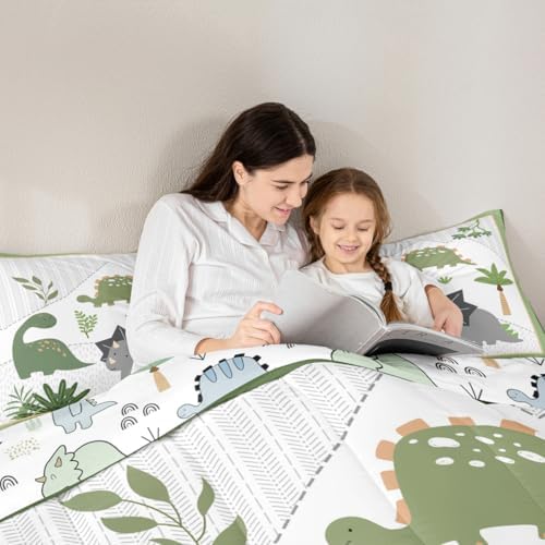 Cartoon Dinosaur Kids Comforter Set King Size,Cute Jungle Wildlife Animals Down Alternative Child Bedroom Decor,Tree Plants Cartoon Paint Print Ultra Soft Inner Fill 3 Pcs Bedding with 2 Pillowcases