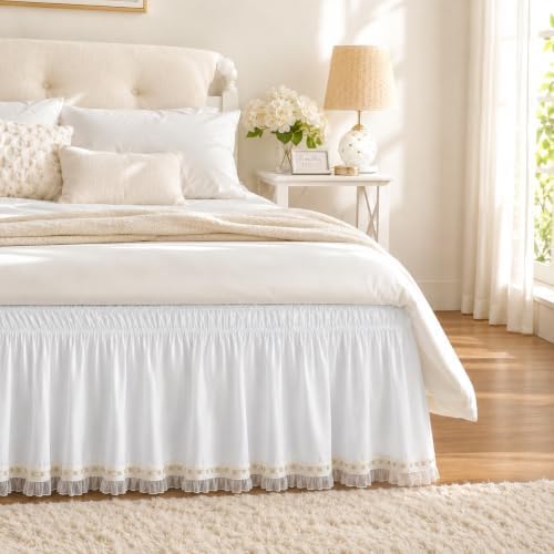 Lace Trim Bed Skirt King 15" Drop, Elastic Wrap Around Bedskirt