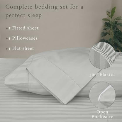 Threadmill 500TC Cotton Twin XL Sheet Set, Damask Stripe, Light Grey