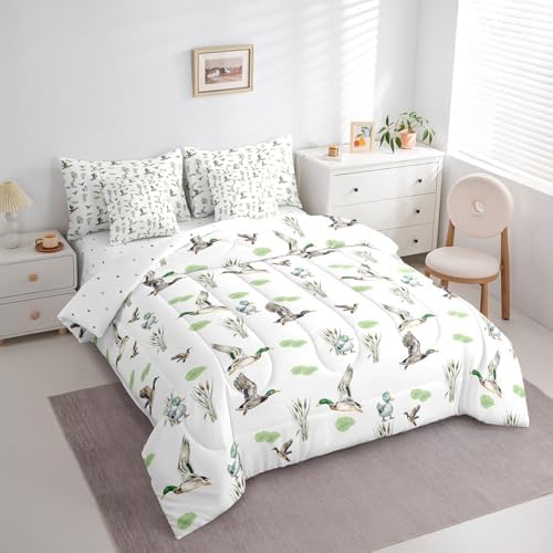 Erosebridal Mallard Duck 7 Piece Comforter Set Full Bed in A Bag Woodland Wild Duck Bedding Set for Kids Boys Girls Waterfowl Flying Ducks Sheets Rustic Farmhouse Comforter Hunting Wildlife Theme
