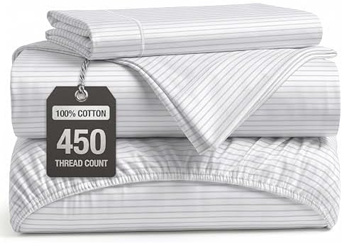 450TC 100% Cotton Twin XL Sheet Set - Soft Sateen Weave, Ticking Stripe