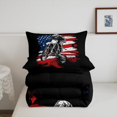 Erosebridal Motorcycle Full Size Comforter Sets for Kids Boys Girls,American Flag Bedding Set,Extreme Sports Duvet Insert,Motorcross Rider Bed Set for All Season