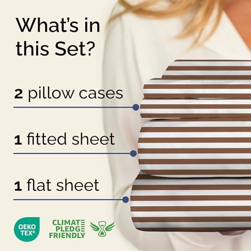 Full 4 Piece Striped Sheet Set - Soft, Breathable & Cooling - Brown Stripe