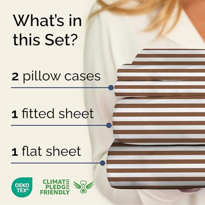 Full 4 Piece Striped Sheet Set - Soft, Breathable & Cooling - Brown Stripe