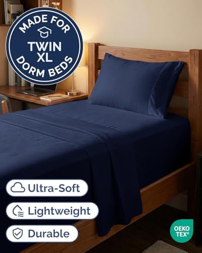 Extra Deep Twin XL Sheet Set - 3 Piece College Dorm Room - Navy Blue