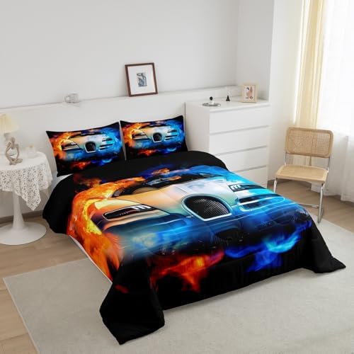 Feelyou Kids Sports Bedding Set Luxury Race Car Bedding Set for Boys Girls Extreme Sports Theme Comforter Cool Speed Racing Car Comforter Set Bedroom Collection 3Pcs Queen Size