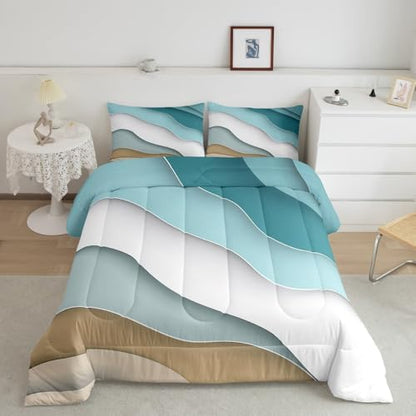 Abstract Ombre Comforter Set Ocean Waves Bedding Set Decor Blue Sea and Beach Quilt Set Tropical Summer Contemporary Duvet Insert Teens Kids Adults Room Decor 3pcs King Size