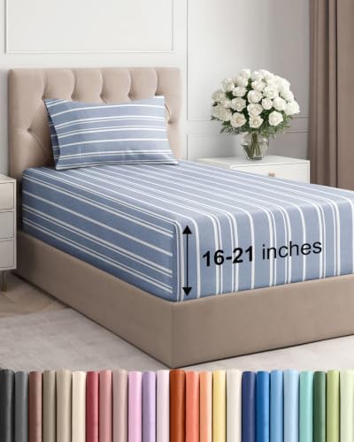 Extra Deep Pocket Twin XL Sheet Set - Breathable & Cooling - Blue Stripes