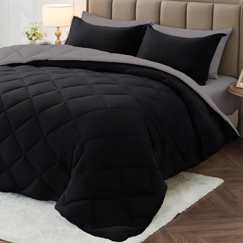 MUXHOMO 7 Pieces Oversized King Comforter Set, Reversible Bed in a Bag Oversized King Size, All Season Bedding Set with Comforter, Flat Sheet, Fitted Sheet, Pillowcases & Shams, Black & Soot