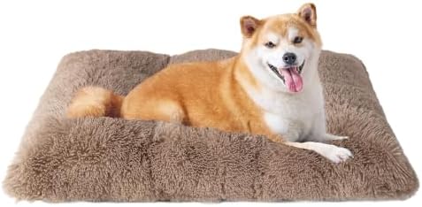 EHEYCIGA Fluffy Dog Crate Bed for Large Dogs, Plush Faux Fur Pad, Camel