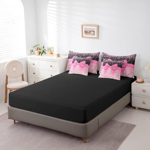 Pink Bowknot Bed in a Bag Queen Comforter Set 7 Piece,Kawaii Bow Knot Bedding Set,Silk Ribbon Comforter and Sheet Set Glitter Sequin Print Diamond Bed Set,Dreamy Princess Style Cute Pink Room Decor